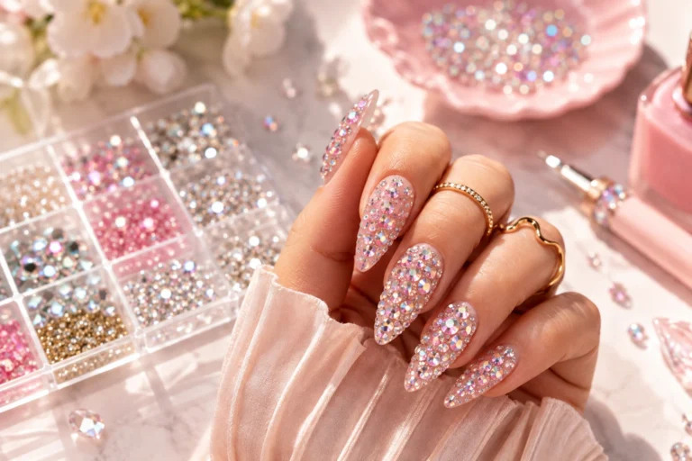 rhinestone nails - crystal french tip manicure feature image