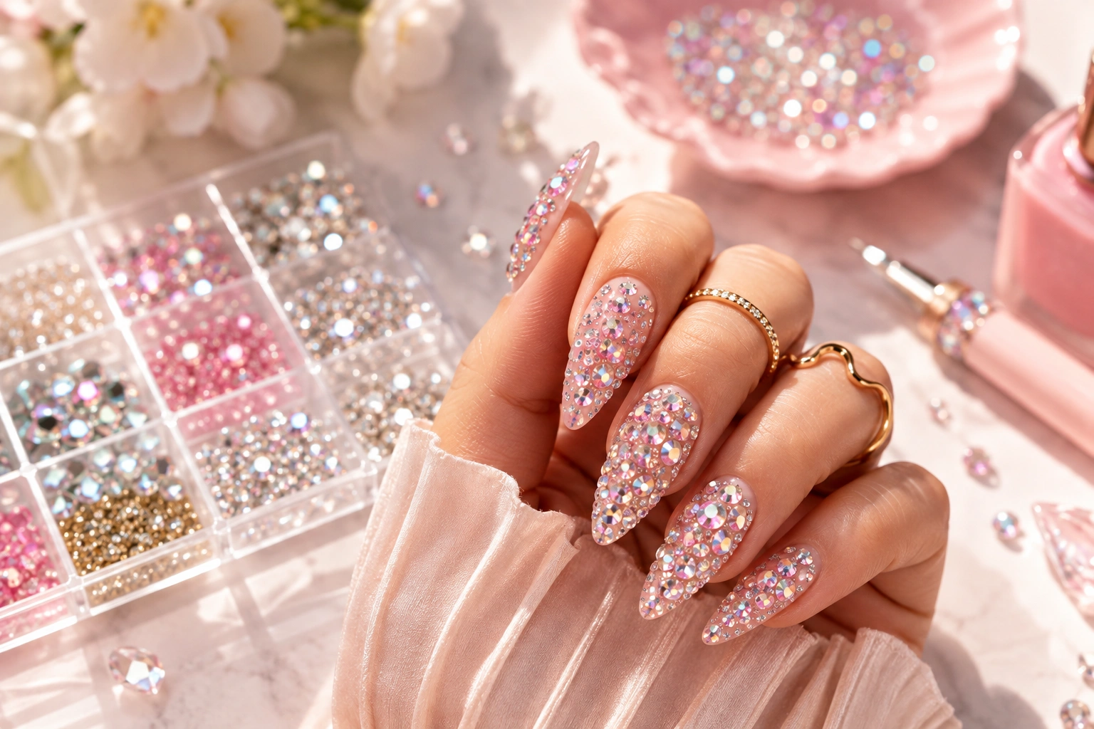 rhinestone nails - crystal french tip manicure feature image