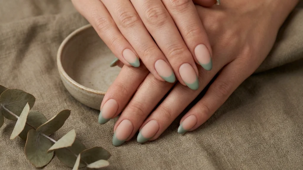 colored french tips - sage green tip manicure on almond nails