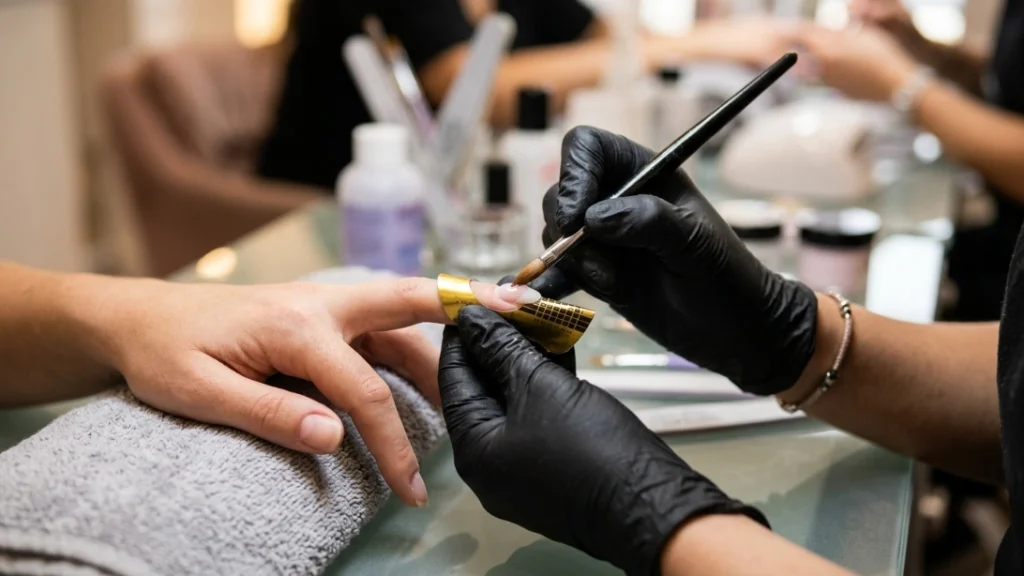 applying acrylic powder for acrylic nail designs
