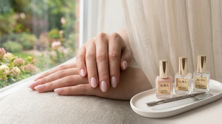 short almond nails - sheer milky pink manicure feature image