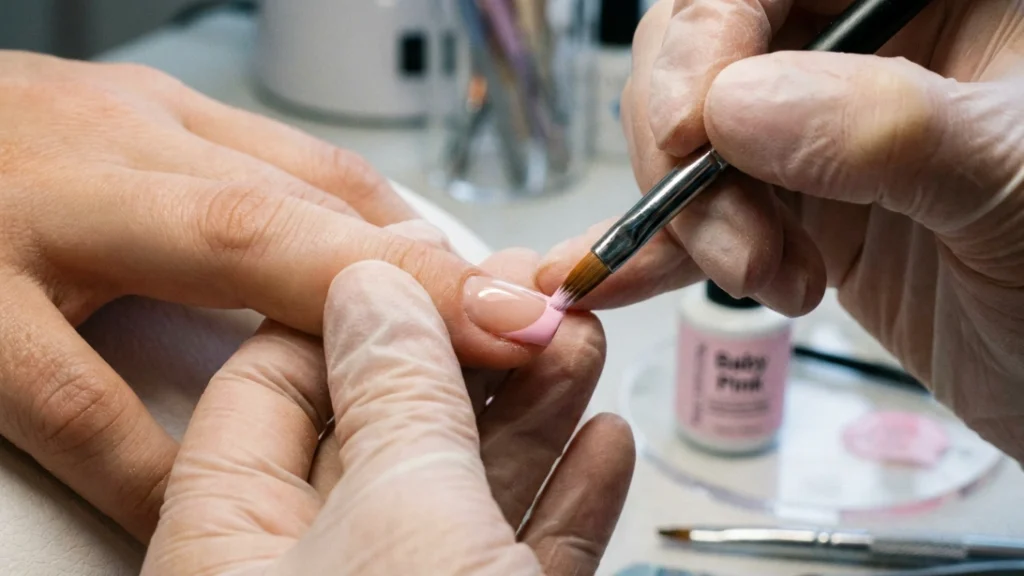 baby pink french tips - tech painting thin tip line