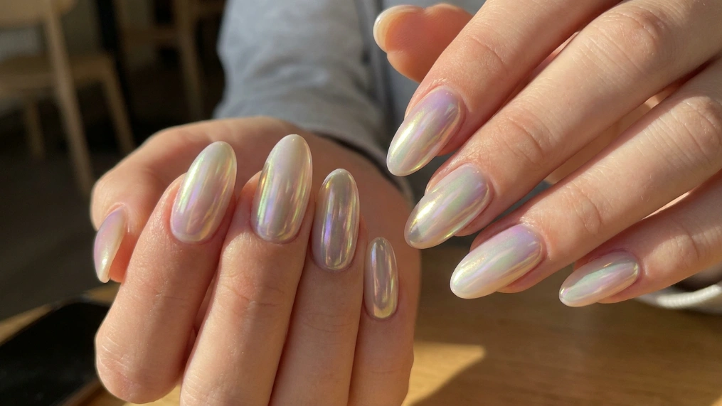 milky nails vs glazed donut nails - iridescent shimmer under light