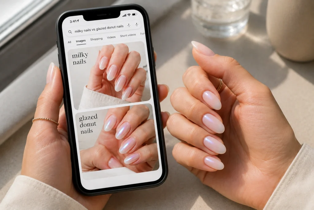 milky nails vs glazed donut nails - reference photo for salon appointment