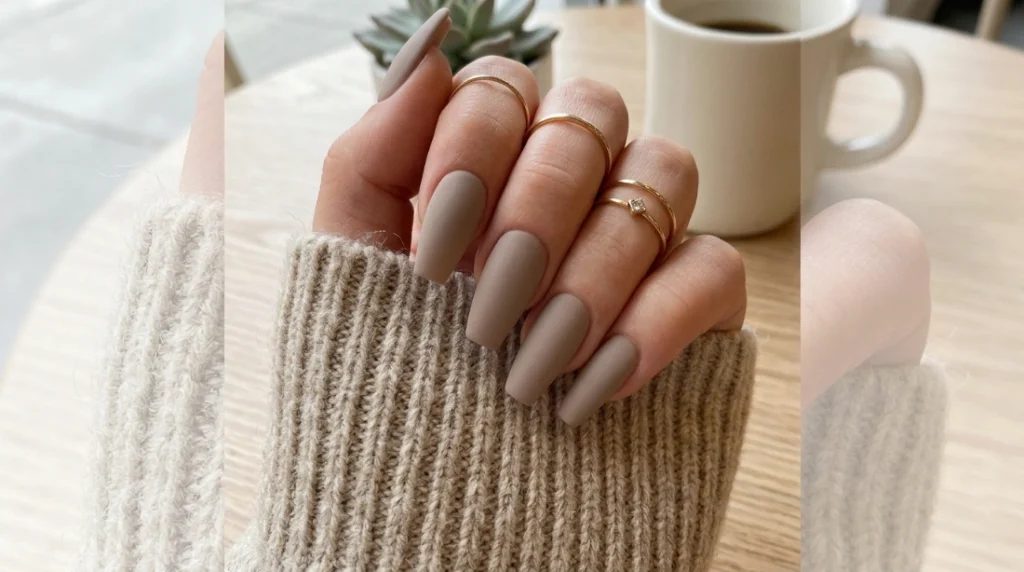 coffin acrylic nails for beginners - taupe matte finish styled look