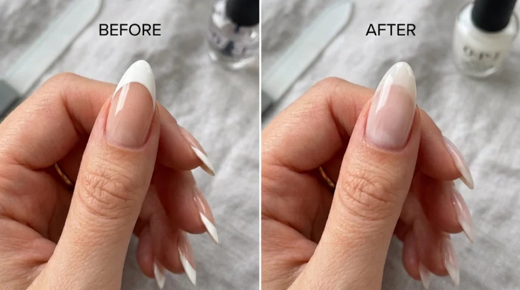 before and after milky glaze coat on nails