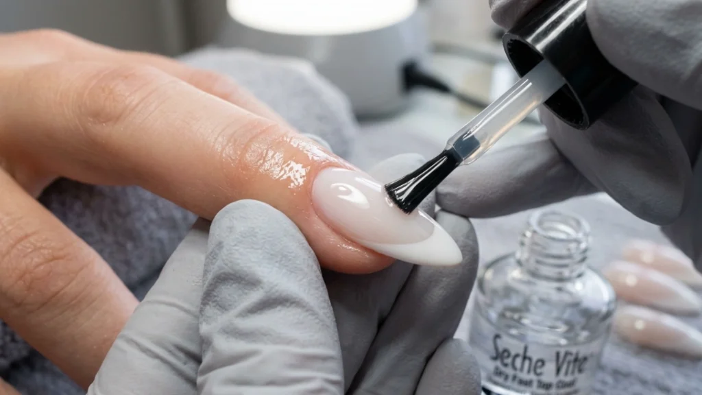 applying glossy top coat to milky french manicure