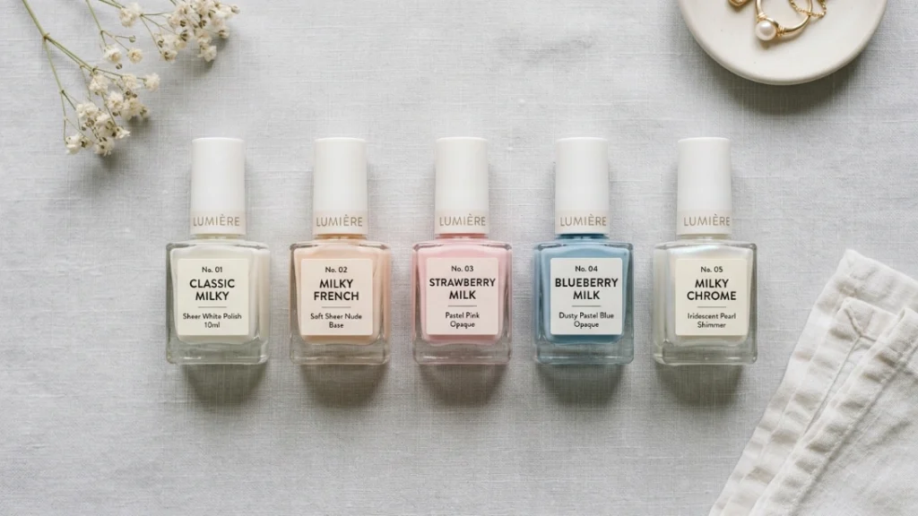 Placement: Inside FAQ, short nails question — Hand with short nails styled in the milky French look, fanned fingers. Alt text: "milky french manicure on short nails" | Filename: milky-french-manicure-short-nails.jpg