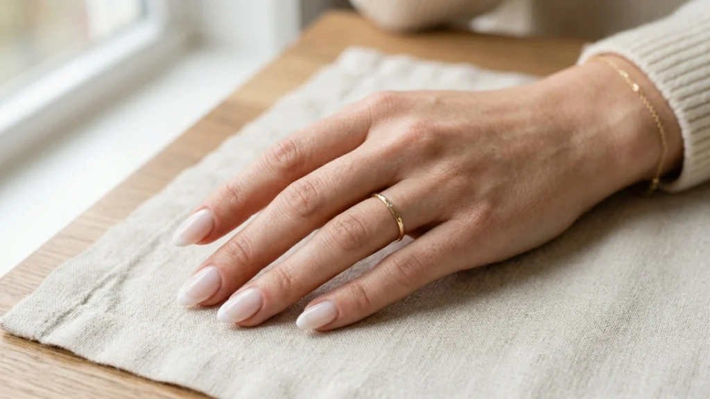milky french manicure styled with gold ring