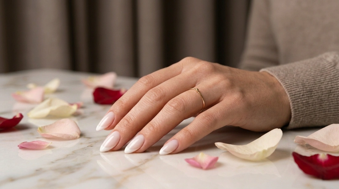 milky french manicure finished look on almond nails
