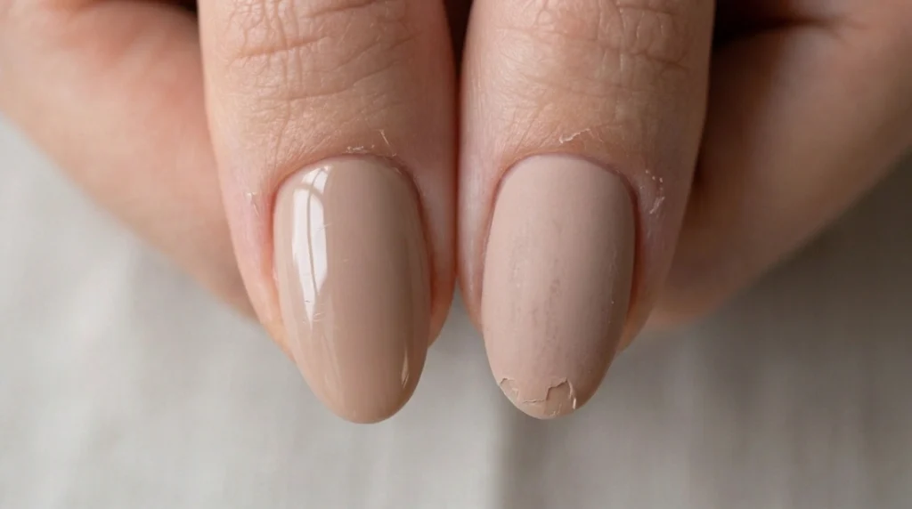 "chipped matte nail tip versus intact glossy nail tip