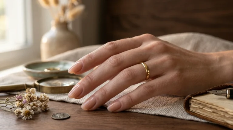 glossy nail finish styled with gold ring