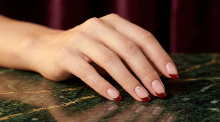colored french tips - cherry red tip manicure feature image
