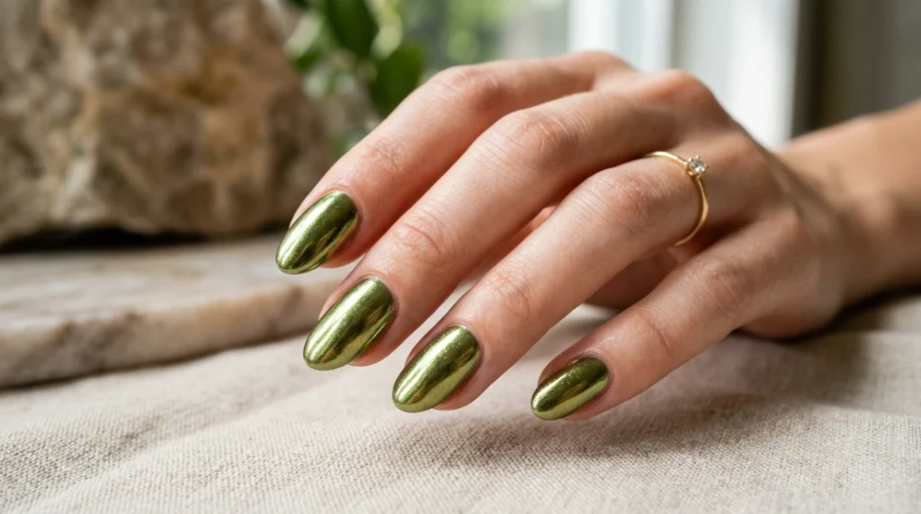 back to school nail colors - olive chrome manicure