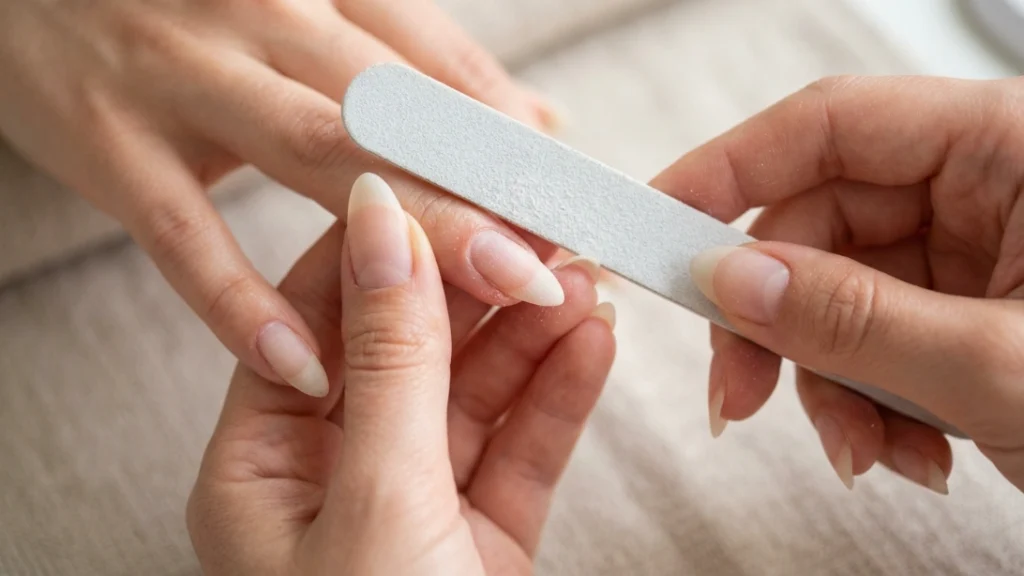 filing nails almond shape before milky french manicure