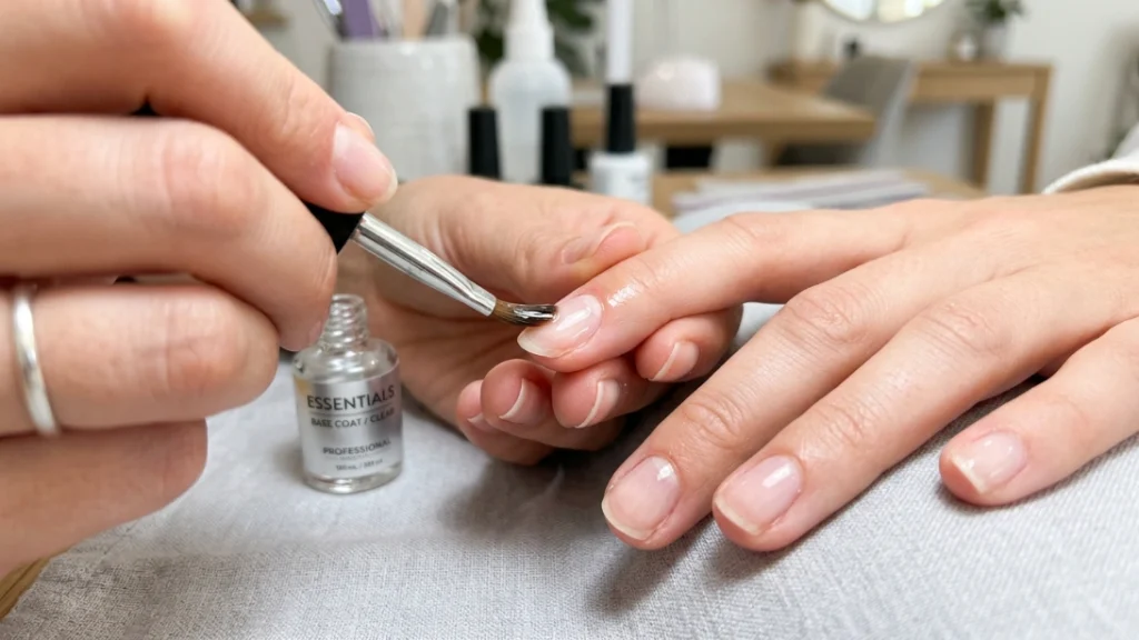 applying clear base coat before milky french manicure