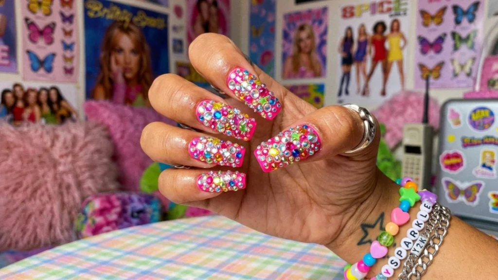 hinestone nails - full Y2K scattered crystal design
