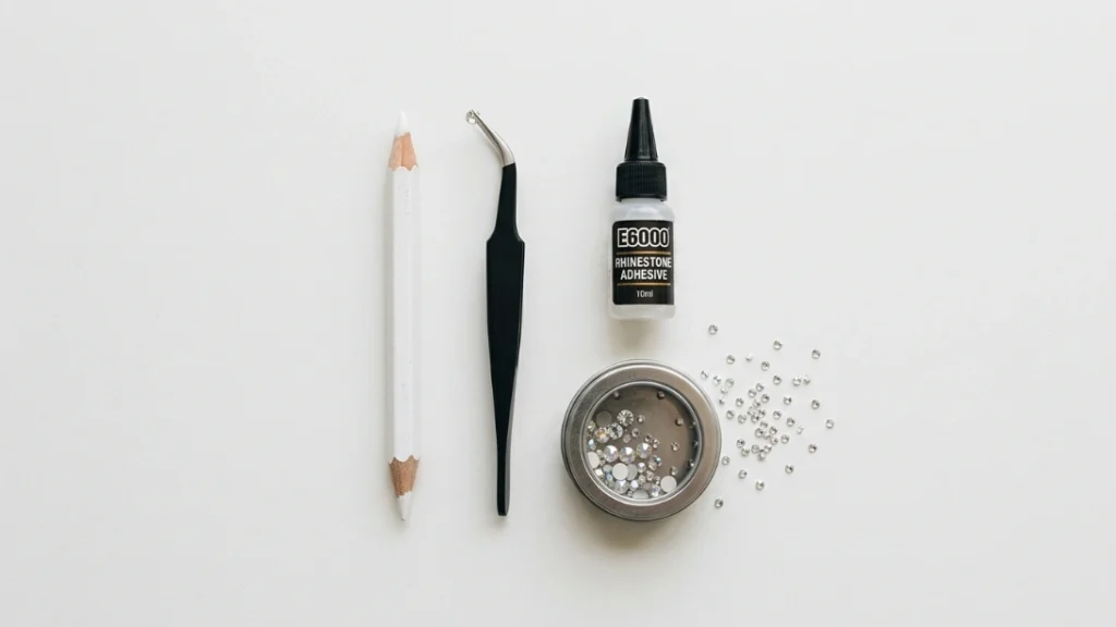 rhinestone nails - at home application tools flat lay