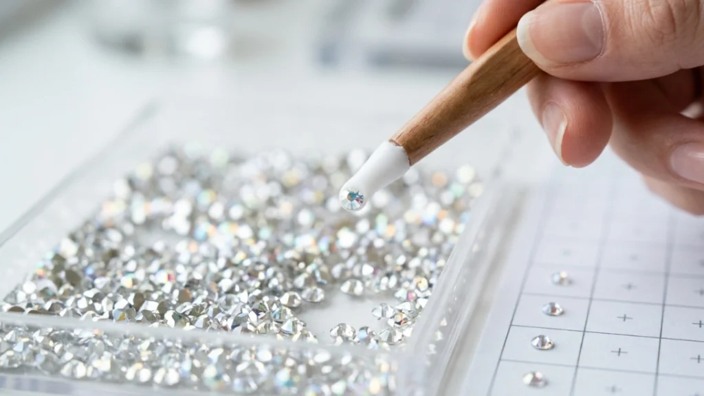 rhinestone nails - wax applicator picking up crystal