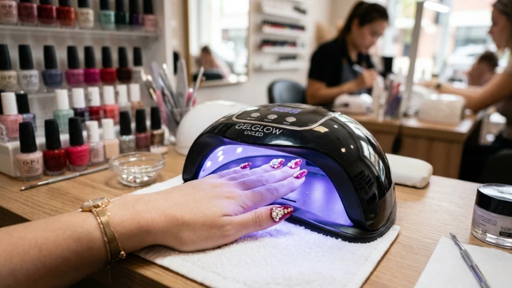 hinestone nails - curing under UV lamp