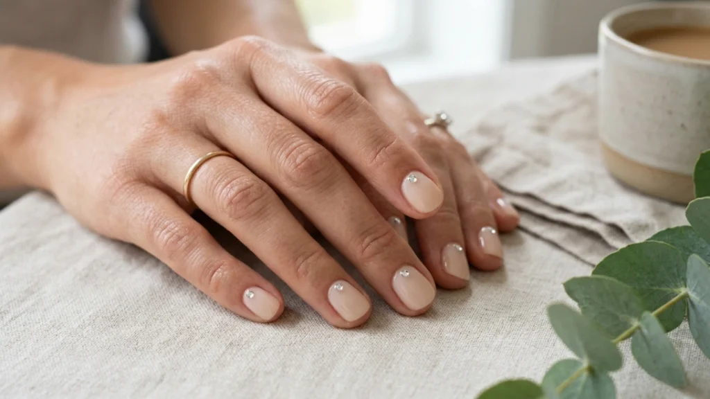 rhinestone nails - minimalist accent on short rounded nails