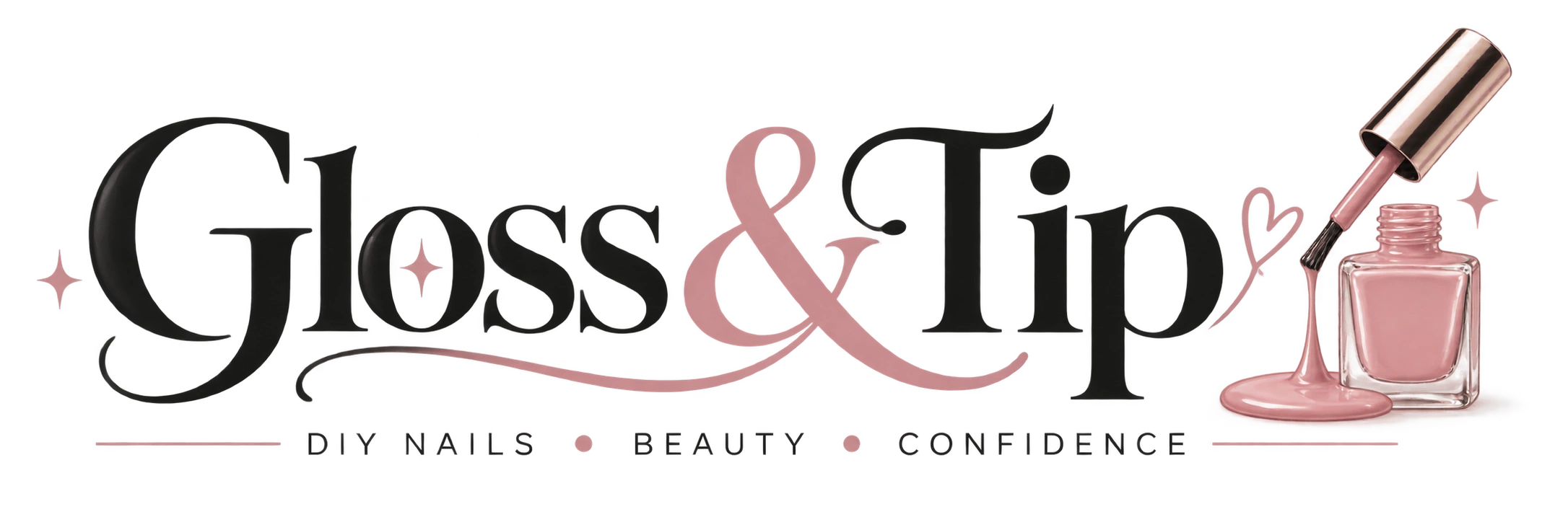 Gloss & Tip logo – pink script lettering with rose gold nail polish bottle, DIY nail art and beauty blog