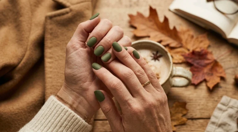 moss green nails fall editorial flatlay