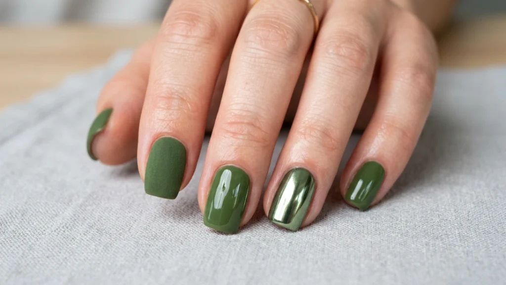 moss green nails matte glossy chrome finish comparison