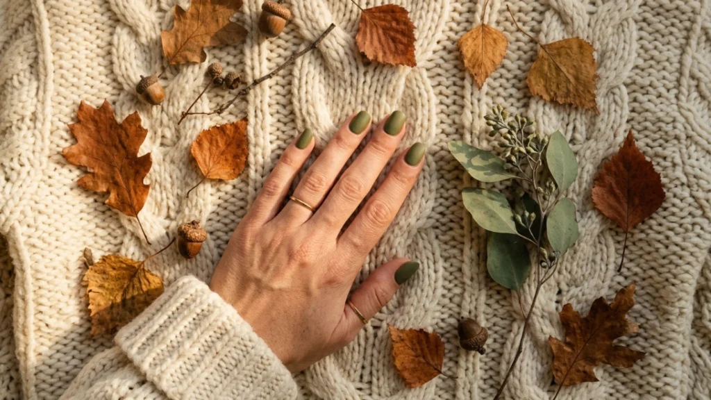 moss green nails styled with camel coat fall outfit