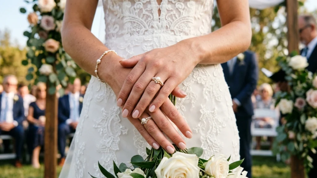 bridal jewelry nails - coordinated pearls during wedding ceremony