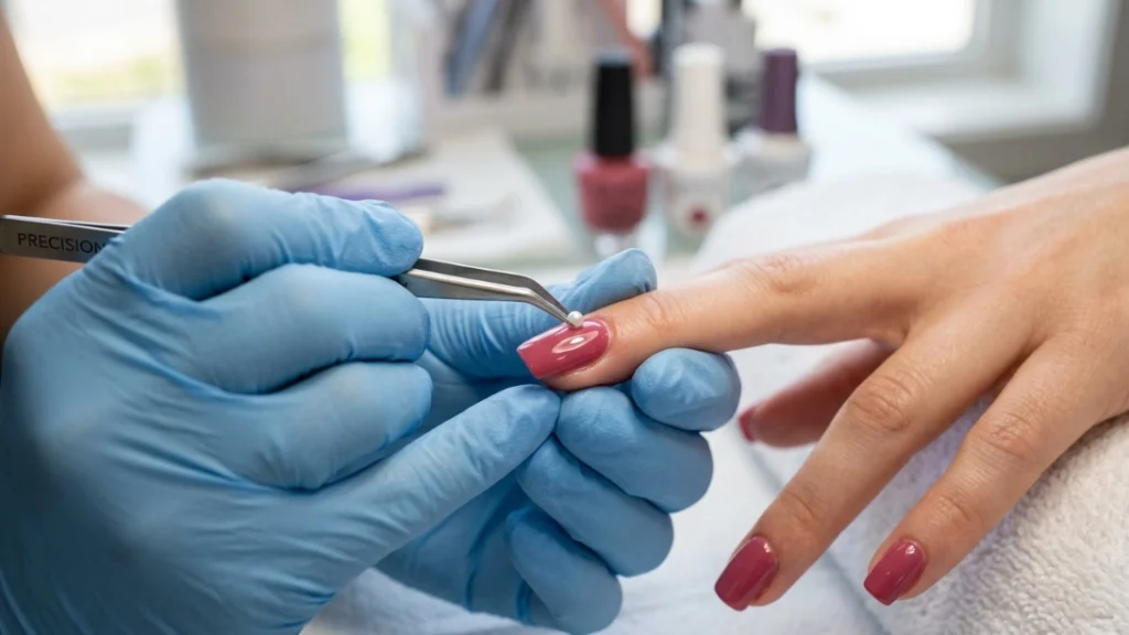 bridal jewelry nails - nail tech placing pearl detail
