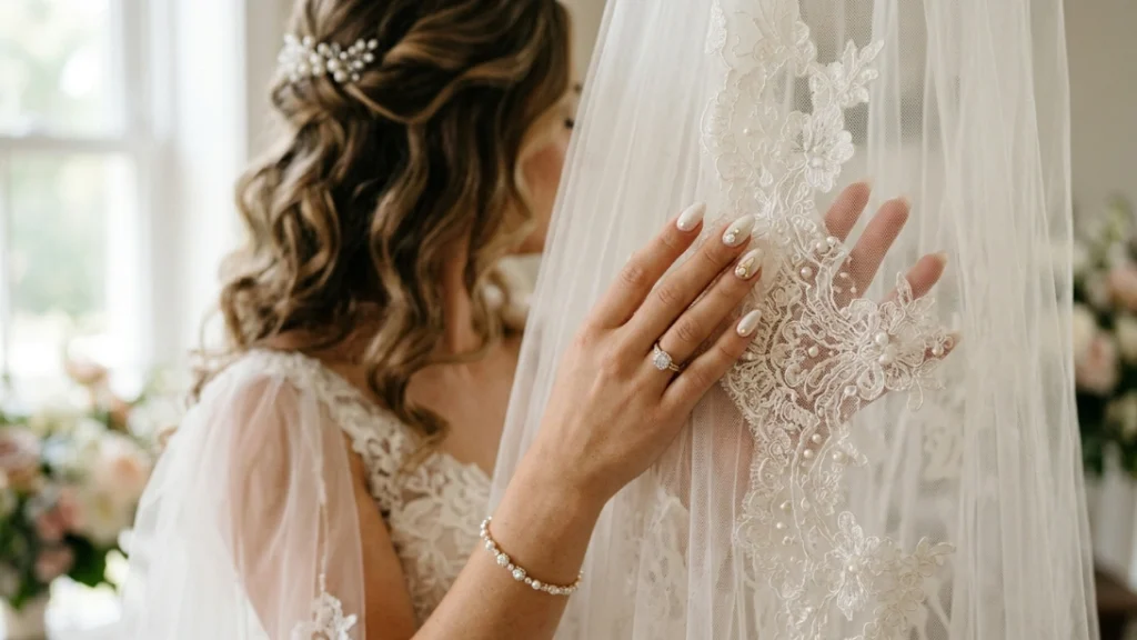 bridal jewelry nails - pearl accents against lace veil