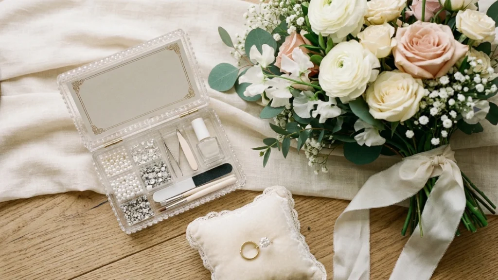 bridal jewelry nails - getting ready flat lay with pearls and crystals