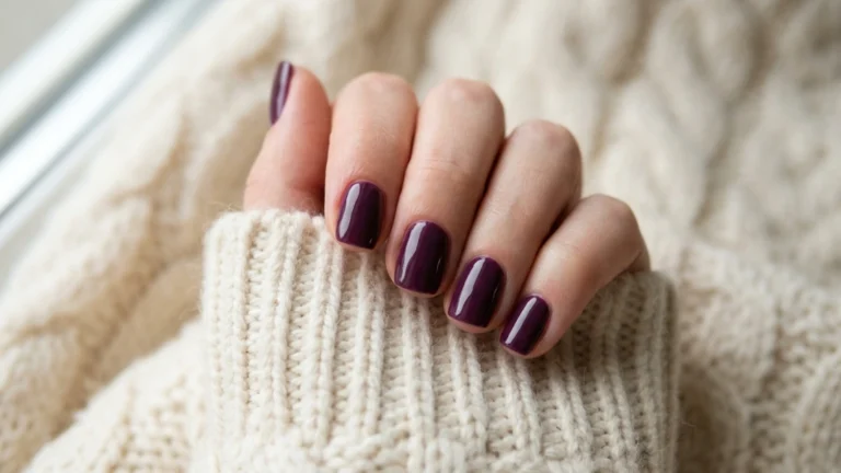 Glossy dark plum nails on short squoval shape for fall