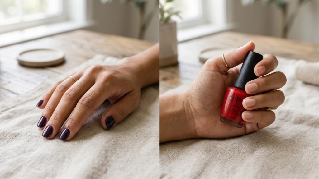 Dark plum nails compared to classic red polish undertone