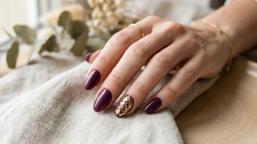 Dark plum nails with a gold-leaf accent nail detail