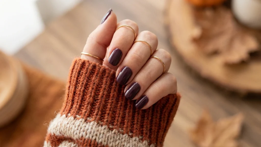 Dark plum nails paired with gold jewelry and warm-toned outfit