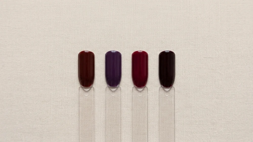 Dark plum nails swatch compared to burgundy, wine, and black cherry