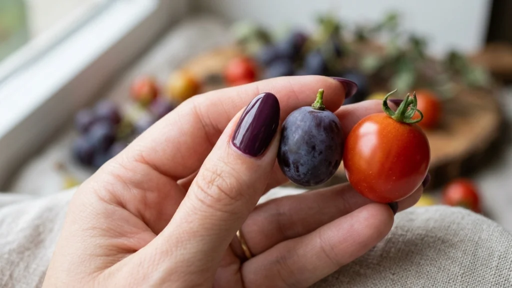 Dark plum nails held next to a grape and tomato for undertone test