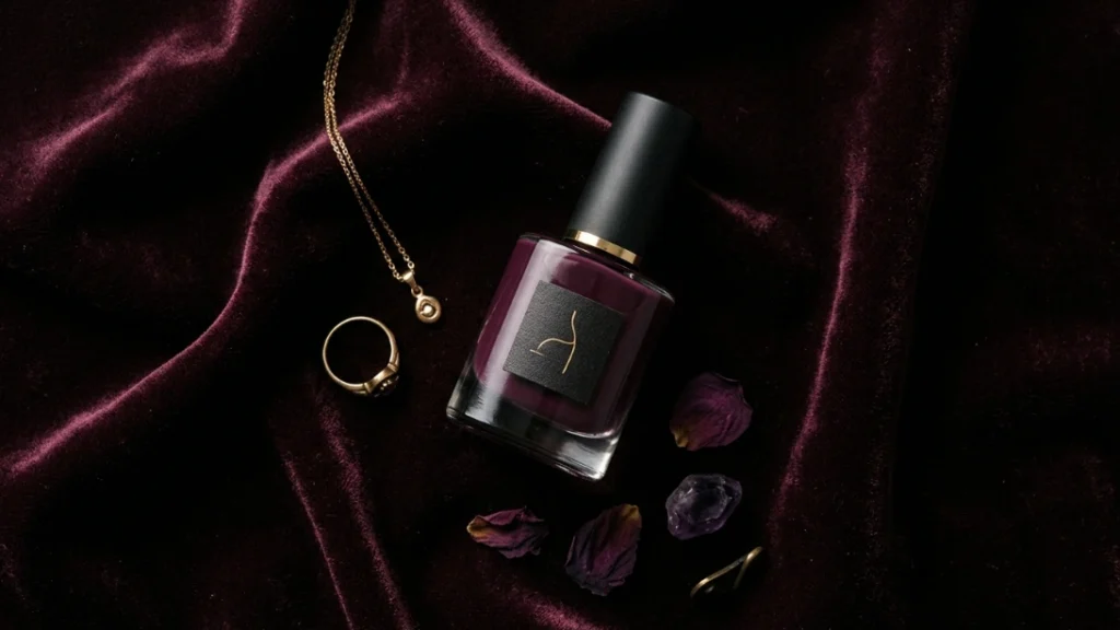 Dark plum nail polish bottle styled in a moody editorial flat lay