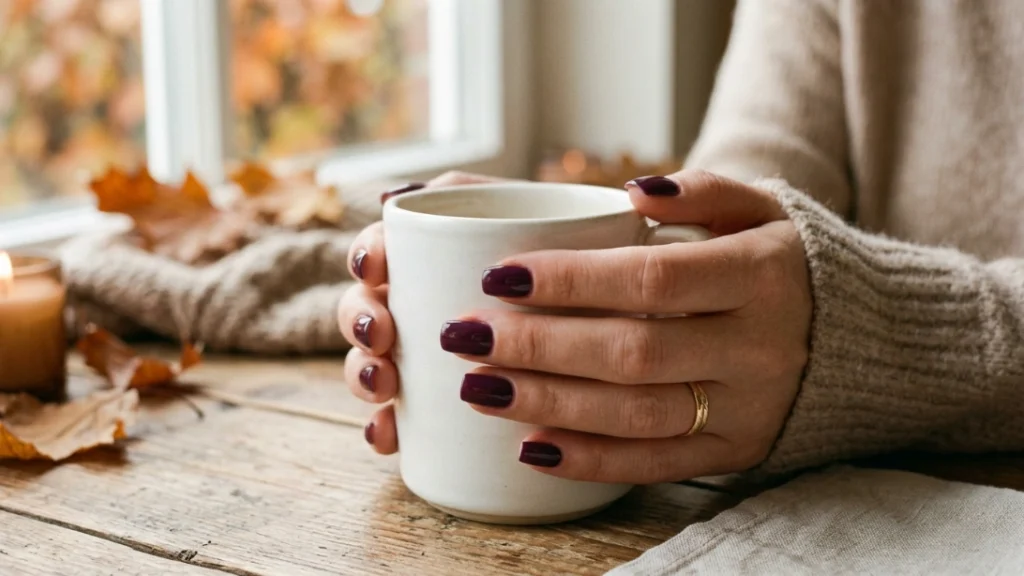 Dark plum nails on a short squoval shape holding a coffee cup