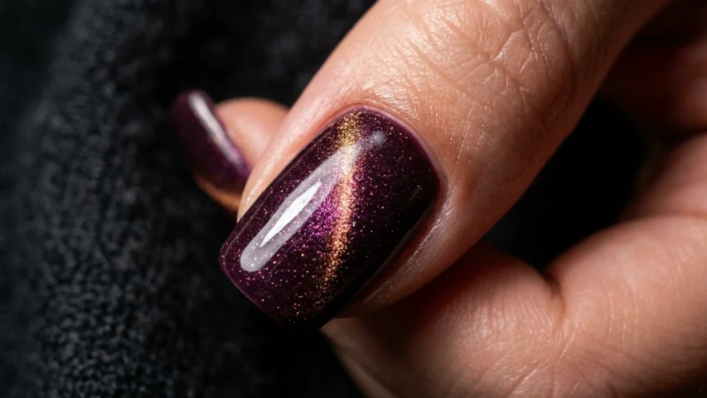 Cat-eye magnetic finish on dark plum nails showing light shift