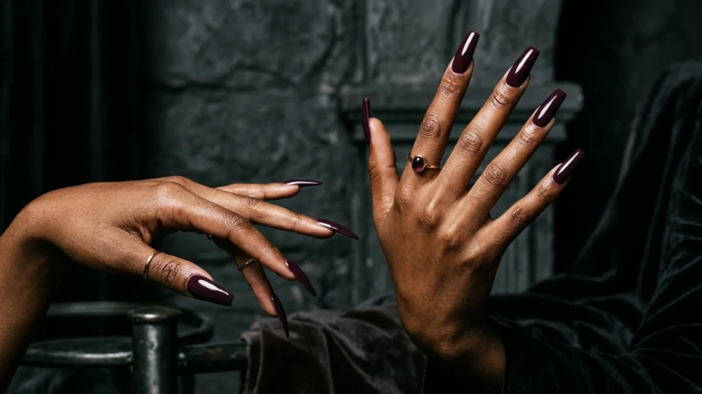 Long coffin and stiletto dark plum nails in a dramatic statement set