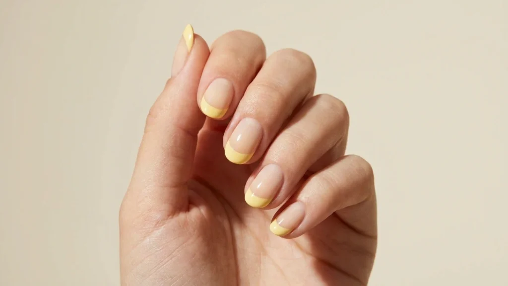 colored french tips - buttery yellow tip manicure on short nails