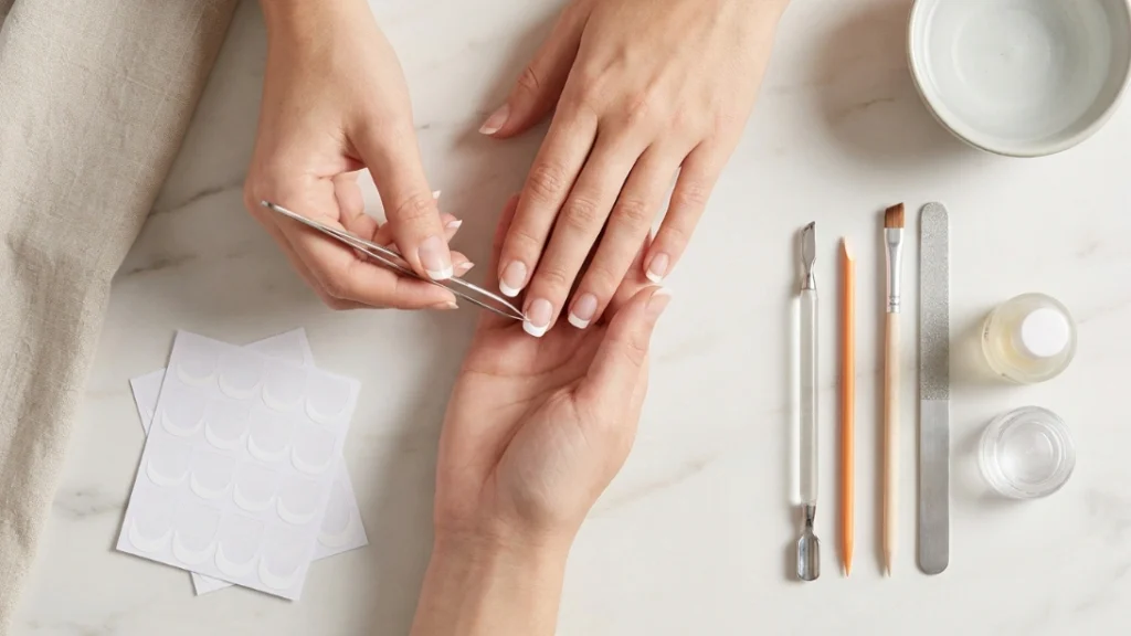colored french tips - applying french tip guide stickers at home