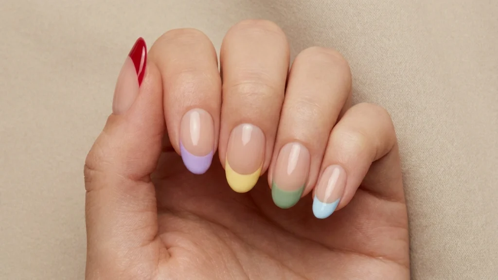 colored french tips - five color variations side by side