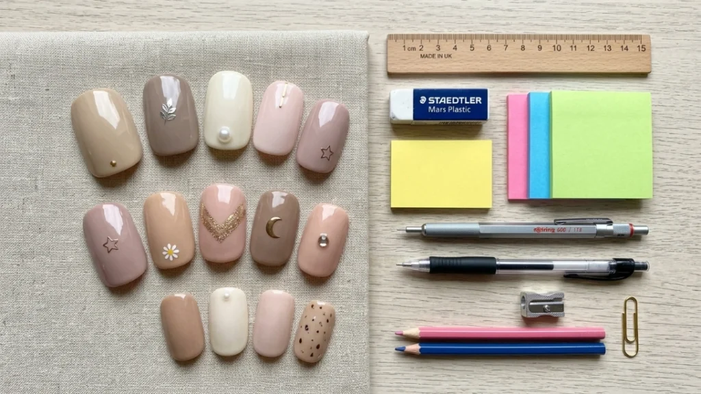 subtle nail art for school - variety of tiny accent styles flat lay