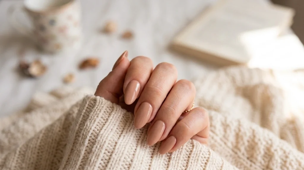 best nail shape for your fingers - warm nude almond shape on short fingers