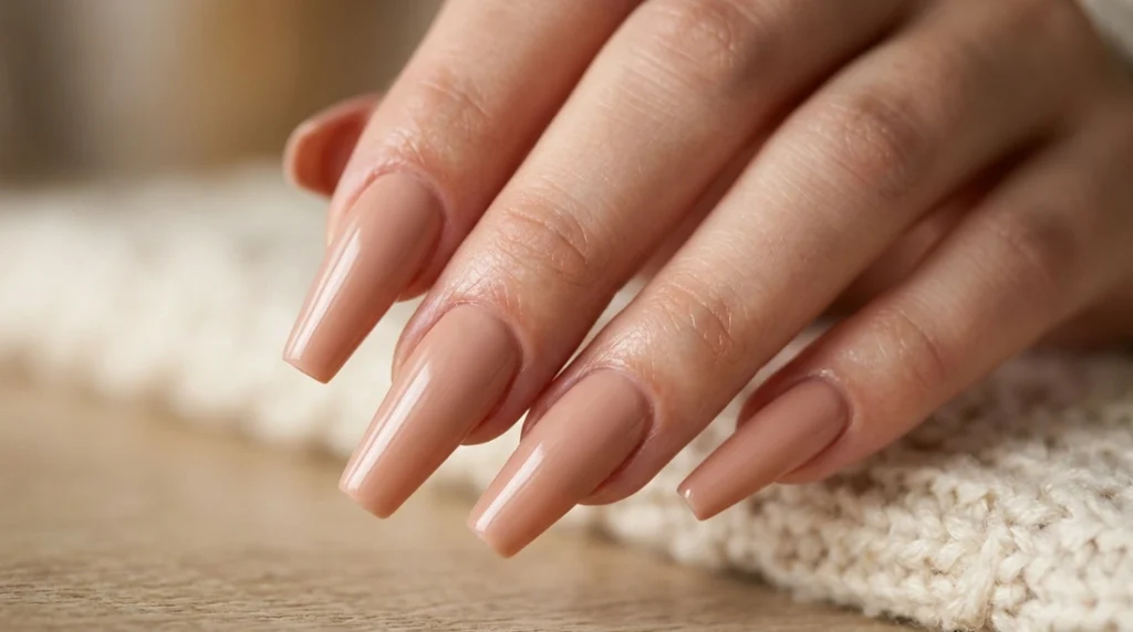 best nail shape for your fingers - warm nude coffin shape on wider nail beds