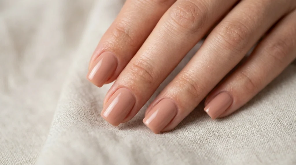 best nail shape for your fingers - warm nude square shape on narrow nail beds
